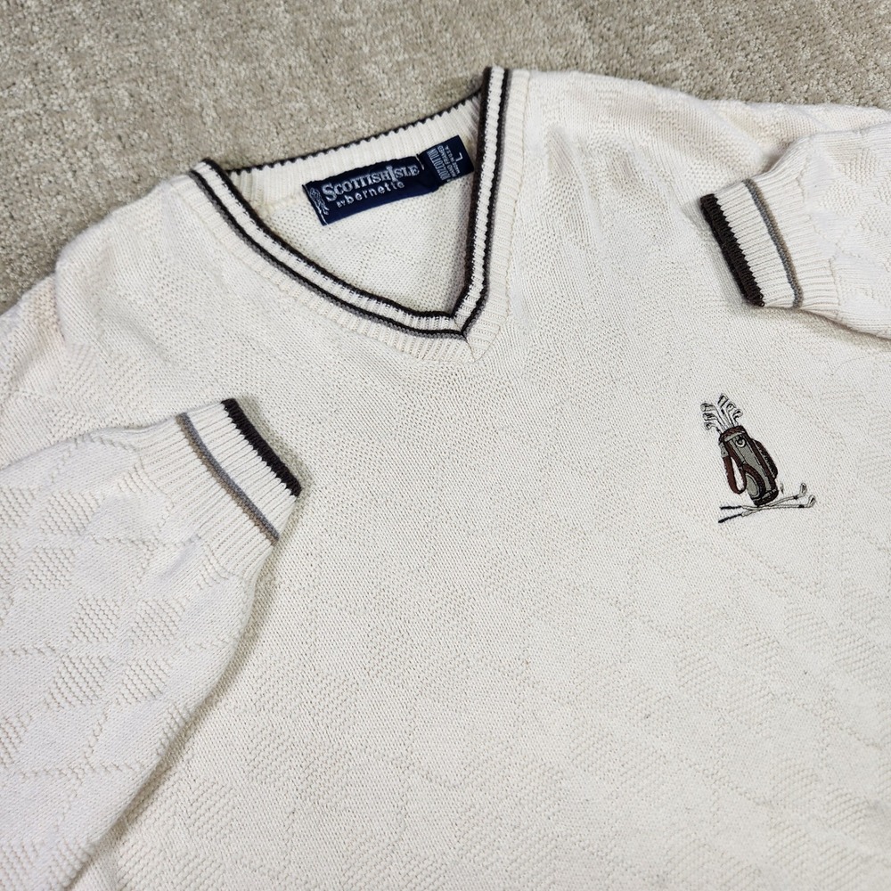 Vintage Golf Sweater Men Large Scottish Isle Chunky Geometric Knit V‎ Neck USA